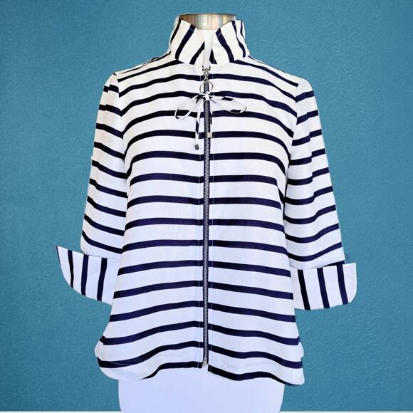 JOSEPH RIBKOFF Blue White Striped 3/4 Sleeve Swing Jacket Size 2 - Picture 2 of 10
